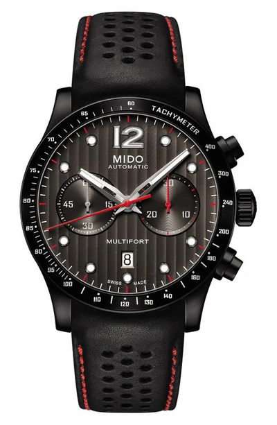 Mido Multifort Adventure Chronograph Leather Strap Watch, 44mm In Black