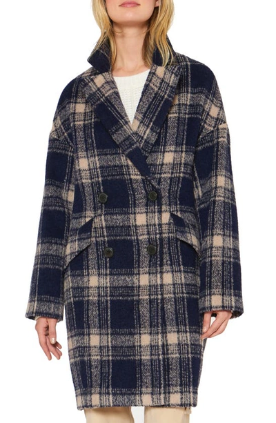 Sanctuary Plaid Double Breasted Coat In Navy Plaid