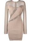 Herve Leger Opaque And Sheer Long Sleeve Bodycon Dress In Taupe