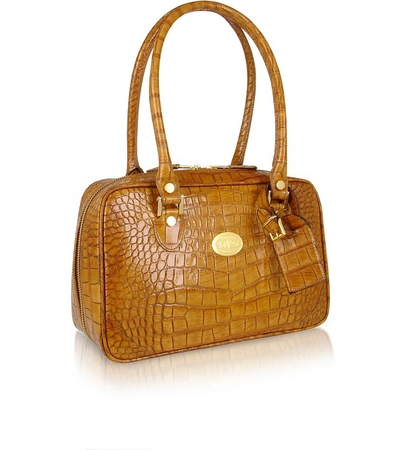 L.a.p.a. Handbags Camel Croco Stamped Italian Leather Shoulder Bag In Marron