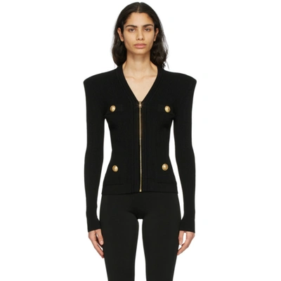 Balmain Button-embellished Ribbed-knit Cardigan In Black