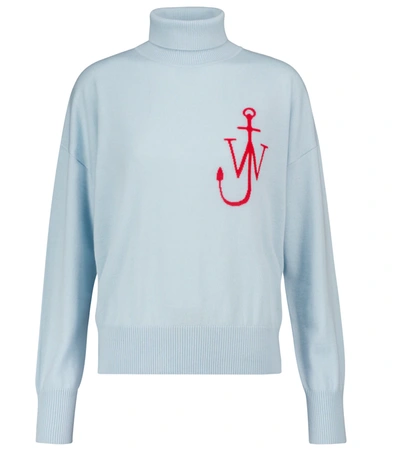 Jw Anderson Anchor Logo Funnel Neck Merino Wool Sweater In Blue