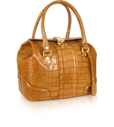 L.a.p.a. Handbags Sand Croco Stamped Italian Leather Tote Bag In Marron