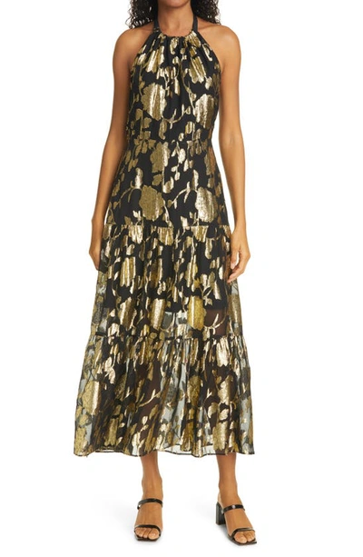 Milly Hayden Metallic Floral Halter Neck Dress In Black/gold