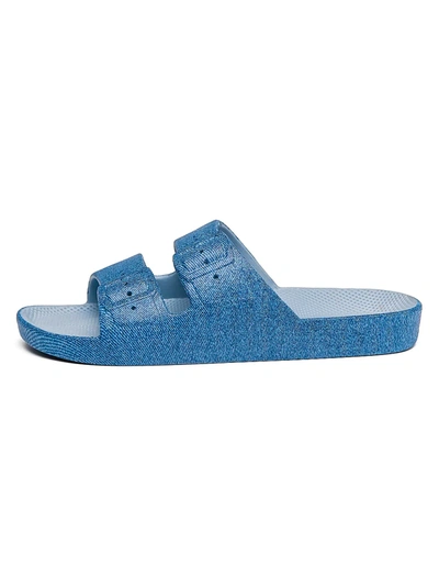 Freedom Moses Blue Jeans-print Two-strap Slides