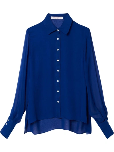 Carolina Herrera Sheer-sleeve Silk Button Down Shirt In Cobalt