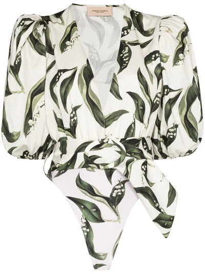 Adriana Degreas Belted Floral-print Cotton-jersey Bodysuit In White
