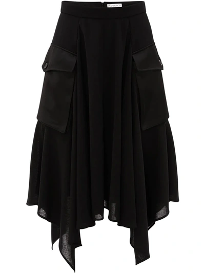 Jw Anderson Asymmetric Drape Hem Midi Cargo Skirt In Black