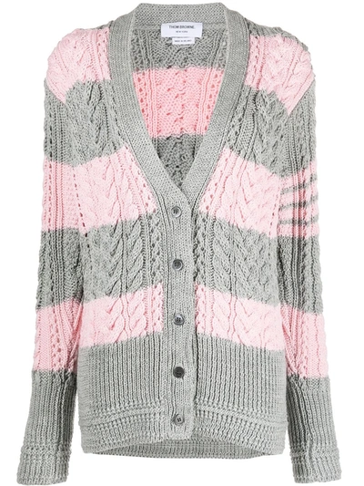Thom Browne Striped Cable Knit Cardigan In Green