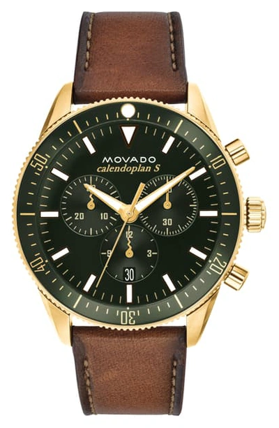 Movado Heritage Chrono Leather Strap Watch, 42mm In Cognac/ Green/ Gold