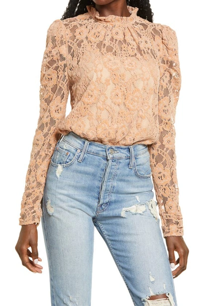 Wayf Emma Puff Sleeve Lace Bodysuit In Putty Chenille Lace