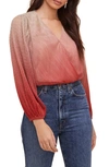 Astr Pleated Long Sleeve Surplice Top In Raspberry Ombre