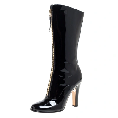 Pre-owned Valentino Garavani Black Patent Leather Zip Detail Mid Calf Boots Size 38