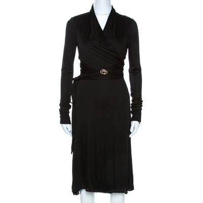 Pre-owned Gucci Black Knit Wrapped Tie Detail Midi Dress S