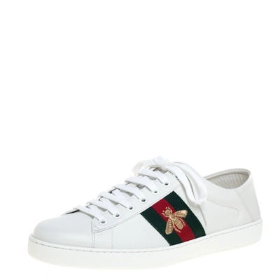 Pre-owned Gucci White Leather Embroidered Bee Ace Low Top Sneakers Size 44.5
