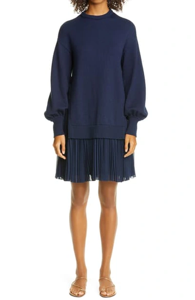 Adeam Pleated Hem Long Sleeve Sweater Dress In Navy