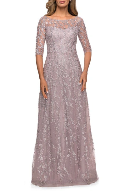 La Femme 3/4-sleeve Floral Lace A-line Gown In Orchid Pink