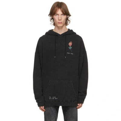 R13 Black Flaming Rose Cropped Hoodie In Agedblack