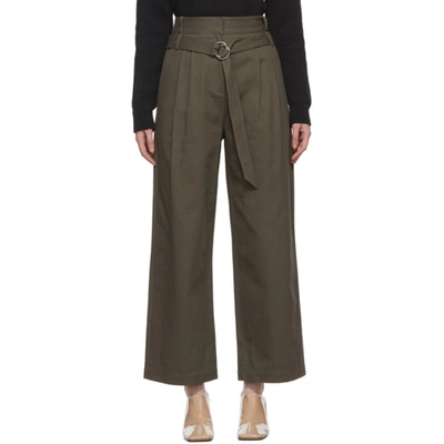 Tibi Stella Belted Cotton-drill Wide-leg Trousers In Green Grey