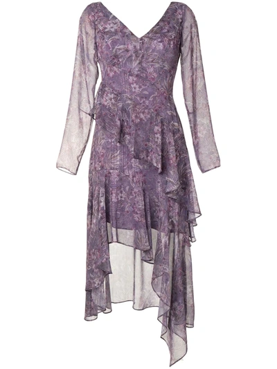 Marchesa Notte Floral-print Sheer Midi Dress In Purple
