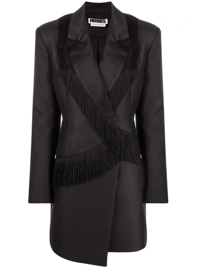 Rotate Birger Christensen Shannon Fringe Long Sleeve Blazer Dress In Black