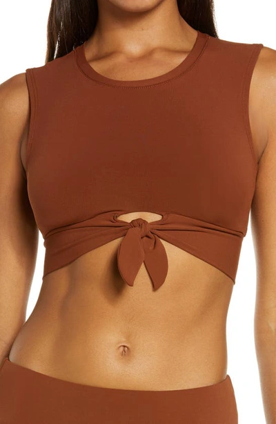 Robin Piccone Ava Longline Knot Front Bikini Top In Cocoa