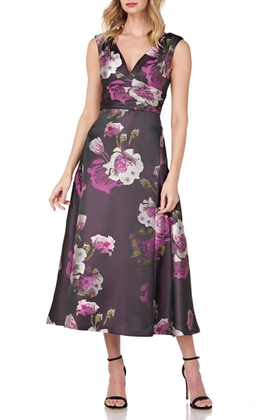 Kay Unger Vivienne Floral Tea Length Dress In Plum Multi