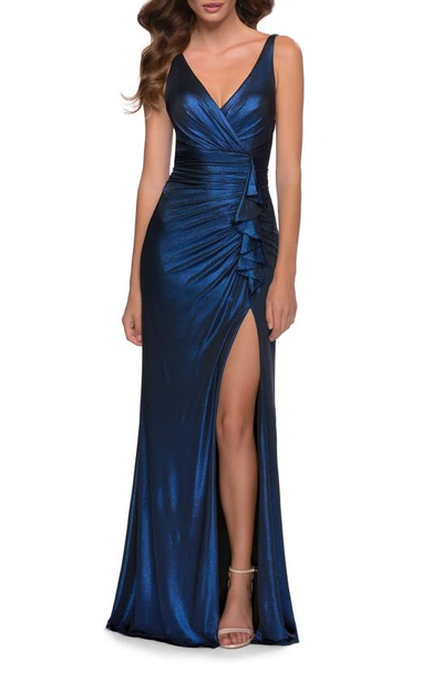 La Femme Metallic Ruffle Jersey Gown In Blue