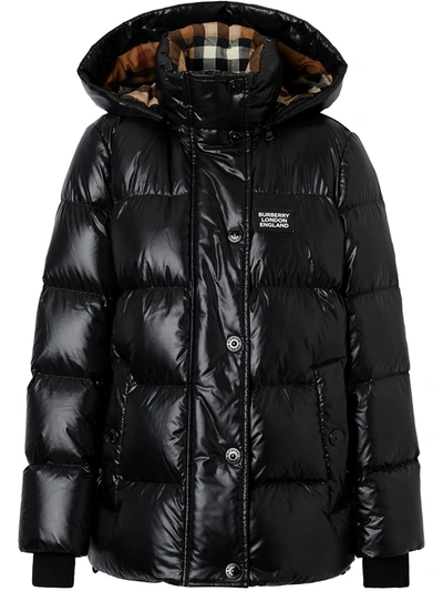 Burberry Logo Applique Down Puffer With Removable Hood In Black