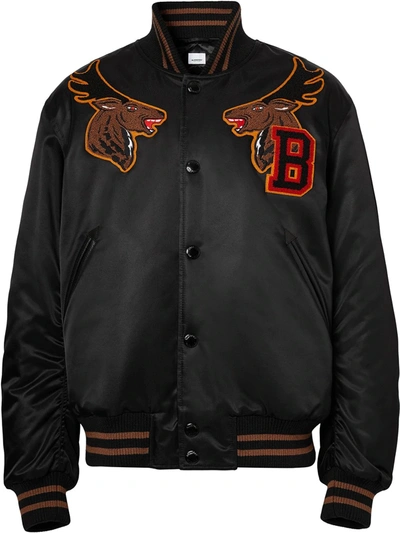 Burberry Deer Head Back Logo Jacquard Baseball Jacket In Black