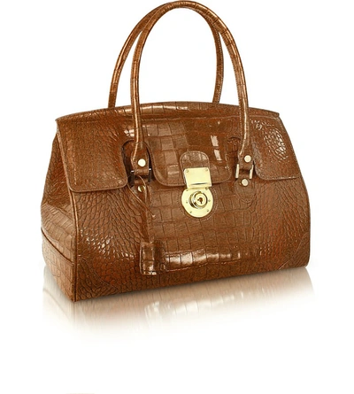 L.a.p.a. Handbags Camel Croco Stamped Genuine Leather Satchel Bag In Marron