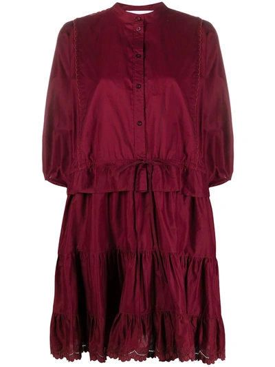 See By Chloé Tiered Embroidered Cotton-poplin Mini Dress In Burgundy