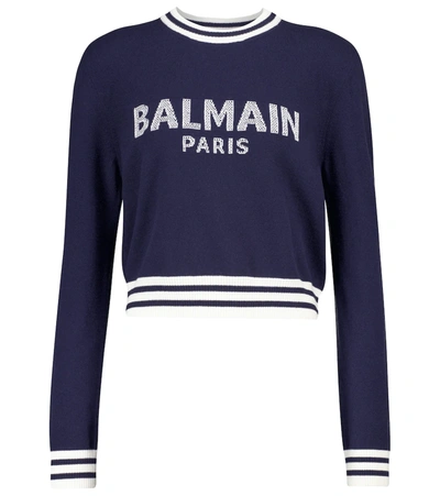 Balmain Women's Cropped Logo Wool-blend Sweater In Marine Blanc