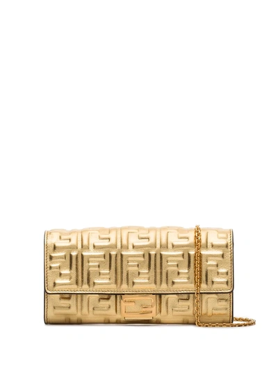 Fendi Baguette Embossed Metallic Leather Clutch In Gold