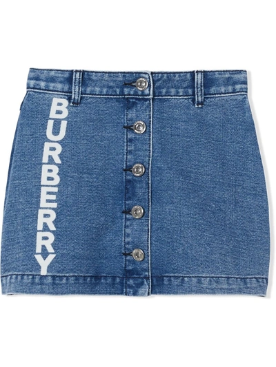 Burberry Kids' Logo Print Japanese Denim Skirt In Blue