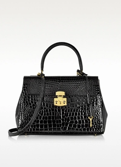 Fontanelli Handbags Shiny Black Croco-style Leather Handbag In Noir