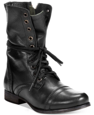 Steve Madden Troopa Womens Leather Lace Up Combat Boots In Black Leather