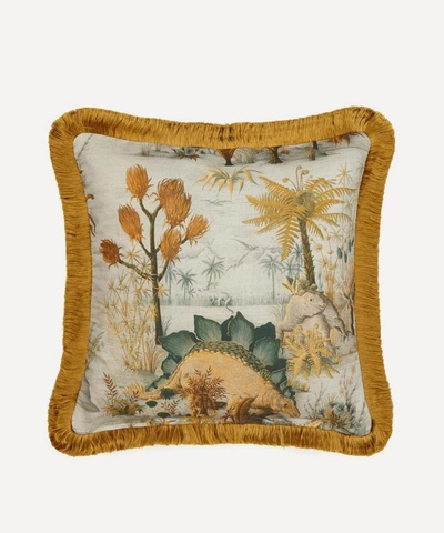 House Of Hackney Dinosauria Medium Fringed Cotton-linen Cushion In Cream