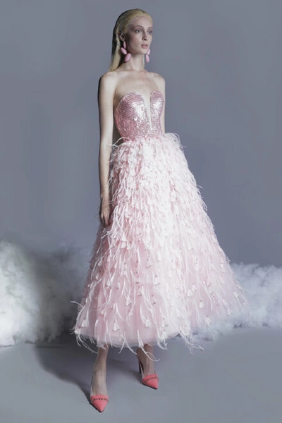 Georges Hobeika Beaded Feathered Tulle Dress