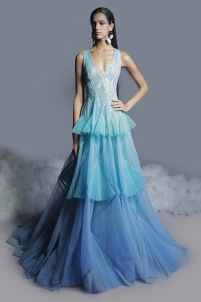 Georges Hobeika Ruffled Beaded Tulle Gown