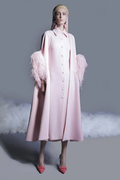 Georges Hobeika Sleeveless Crepe Shirt Dress With Feathered Cape In Candy Pink