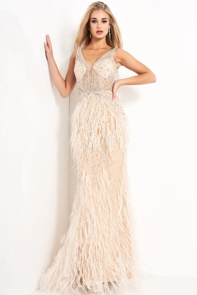 Jovani Embellished Feather Skirt Gown