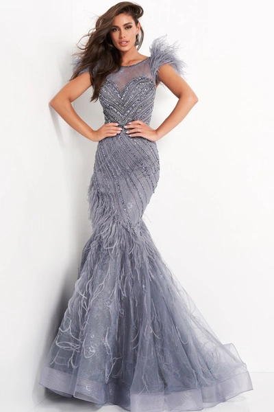 Jovani Feather Embellished Mermaid Gown