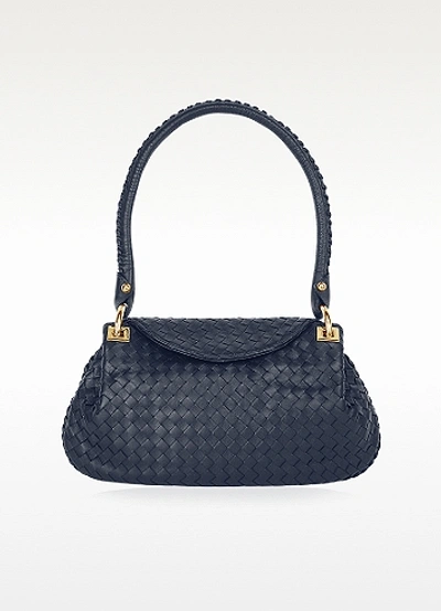 Fontanelli Handbags Dark Blue Woven Italian Leather Flap Shoulder Bag