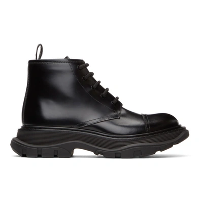 Alexander Mcqueen Black Polished Tread Lace-up Boots In 1000 Black