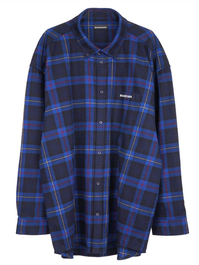 Balenciaga Blue Over-sized Check Print Flannel Shirt