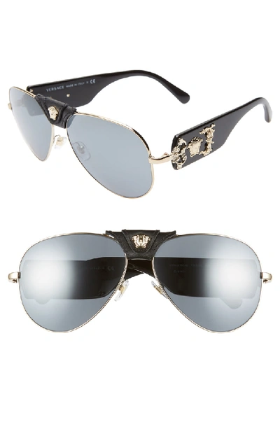 Versace Men's Medusa Leather-wrap Aviator Sunglasses - Mirror Lenses In Gold/ Black