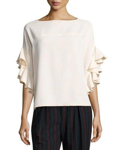 See By Chloé Boat-neck Ruffled-sleeve Crepe Top, White