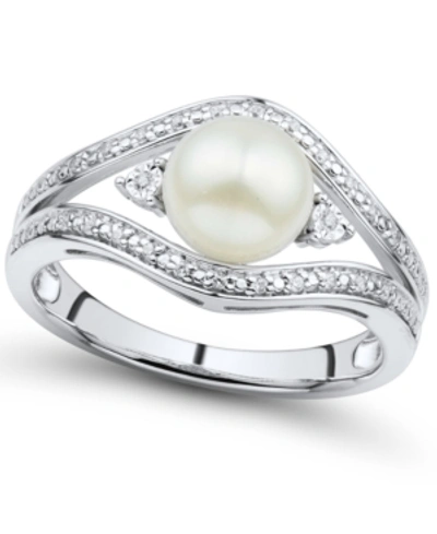 Macy's Cultured Freshwater Button Pearl (7mm) & Diamond Accent Ring In Sterling Silver