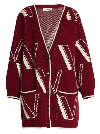 Valentino Large V Intarsia Cashmere & Wool Knit Cardigan In Red Persia